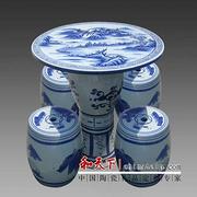 景德镇陶瓷仿古黑色黄底亚光釉粉彩花鸟瓷桌凳套组 一