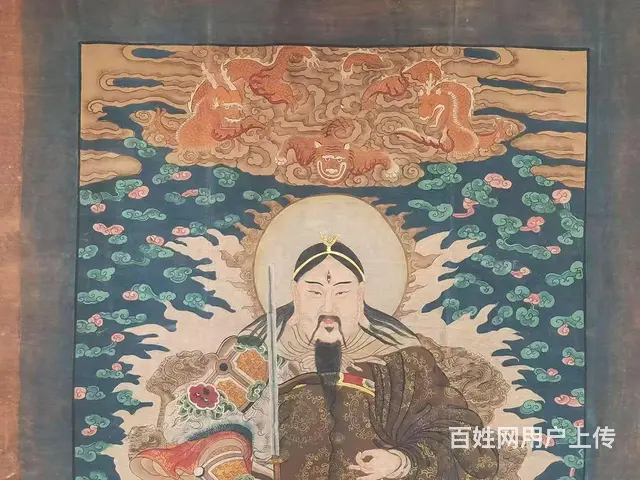 清代，民间画家画的，大尺寸老粗布纯手绘五彩描金画， - 图片 4