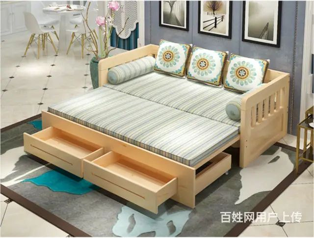 实木沙发床可折叠双人多功能坐卧两用 - 图片 1