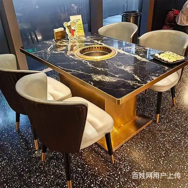 餐饮家具工厂供应岩板火锅桌实木火锅桌岩板镶嵌实木材 - 图片 4